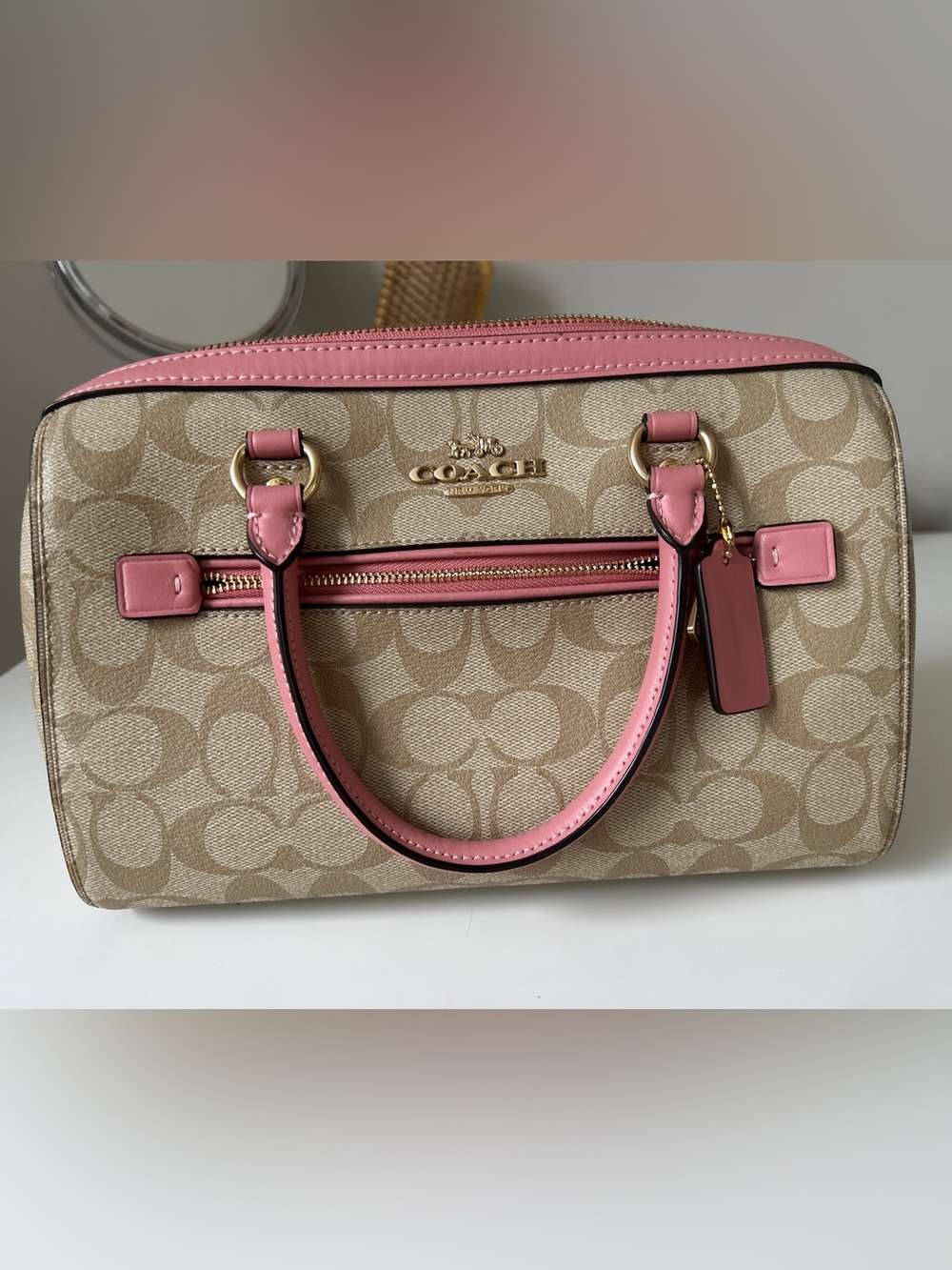 Coach Beige Signature Satchel with Pink Leather Trim